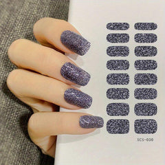 16 Pcs Sparkly Solid Full Cover Nail Art Stickers Glitter Nail Strips Decal