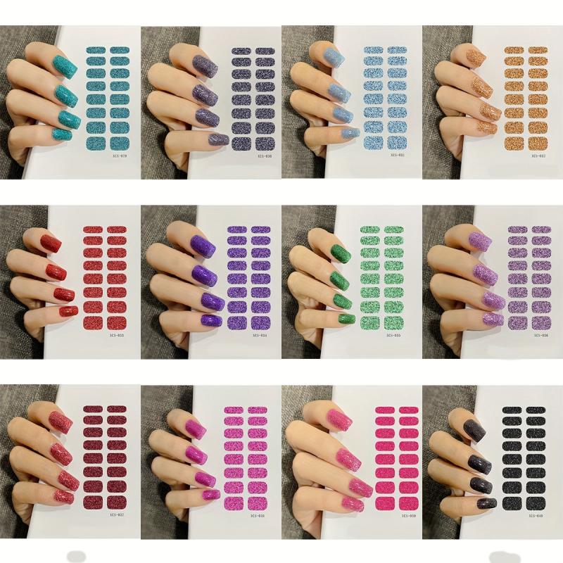 16 Pcs Sparkly Solid Full Cover Nail Art Stickers Glitter Nail Strips Decal