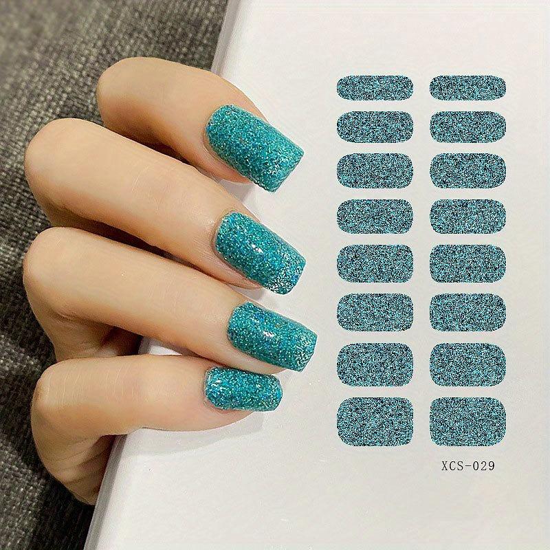16 Pcs Sparkly Solid Full Cover Nail Art Stickers Glitter Nail Strips Decal