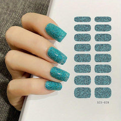 16 Pcs Sparkly Solid Full Cover Nail Art Stickers Glitter Nail Strips Decal