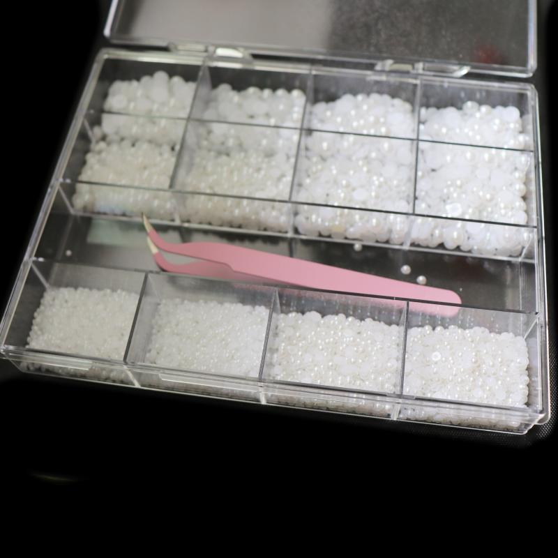 13 Grids Flatback Nail Pearls Set With Tweezers For Nail Art Decoration