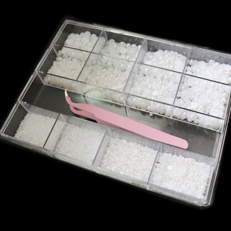 13 Grids Flatback Nail Pearls Set With Tweezers For Nail Art Decoration