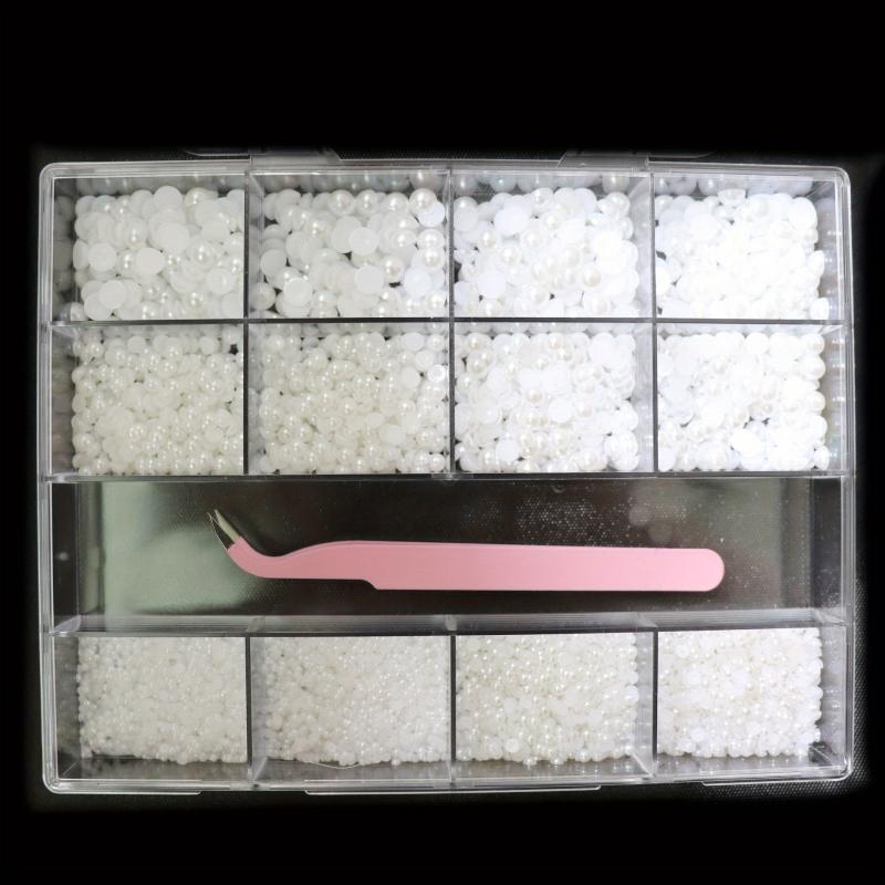 13 Grids Flatback Nail Pearls Set With Tweezers For Nail Art Decoration