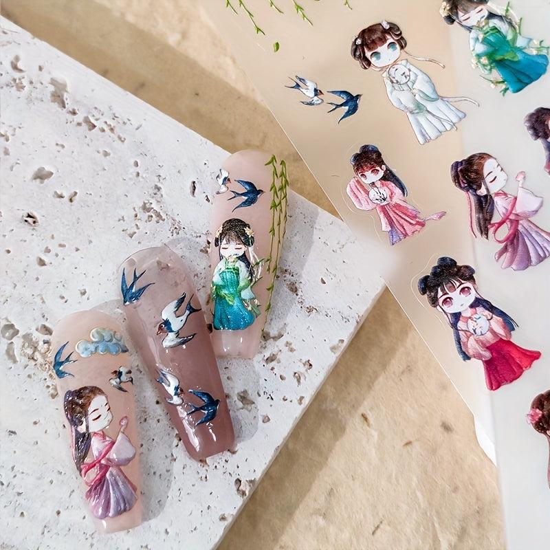 Chinese Style Building Nail Art Stickers Ancient Girls Birds Sticker