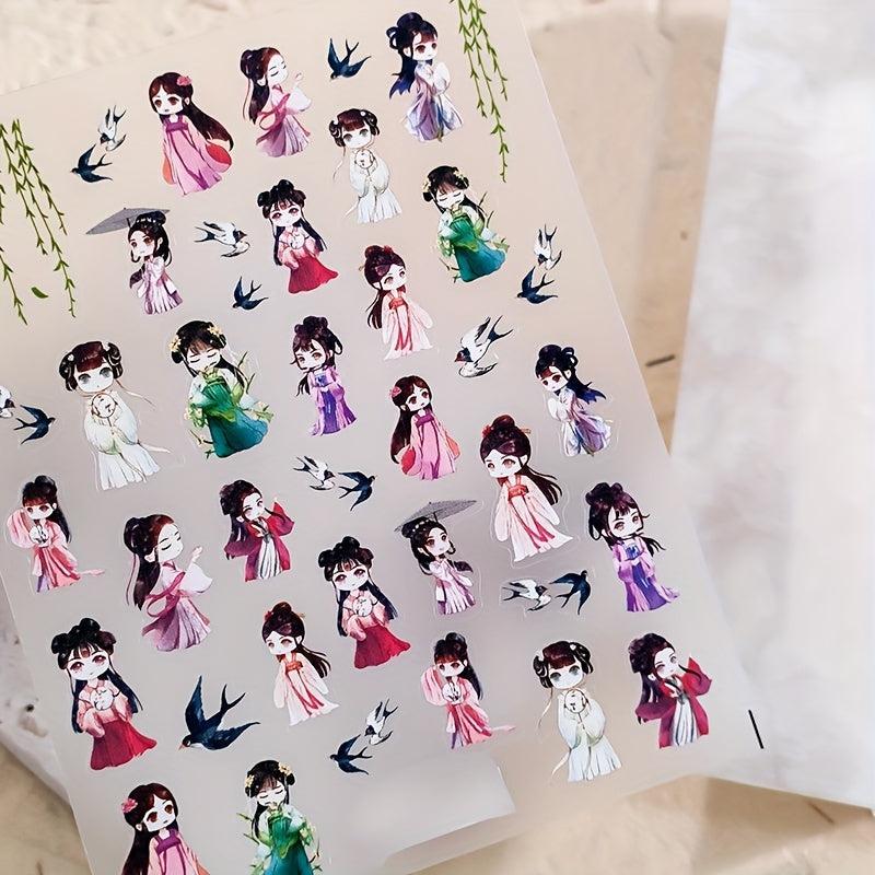 Chinese Style Building Nail Art Stickers Ancient Girls Birds Sticker