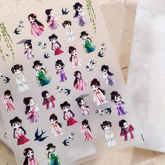 Chinese Style Building Nail Art Stickers Ancient Girls Birds Sticker