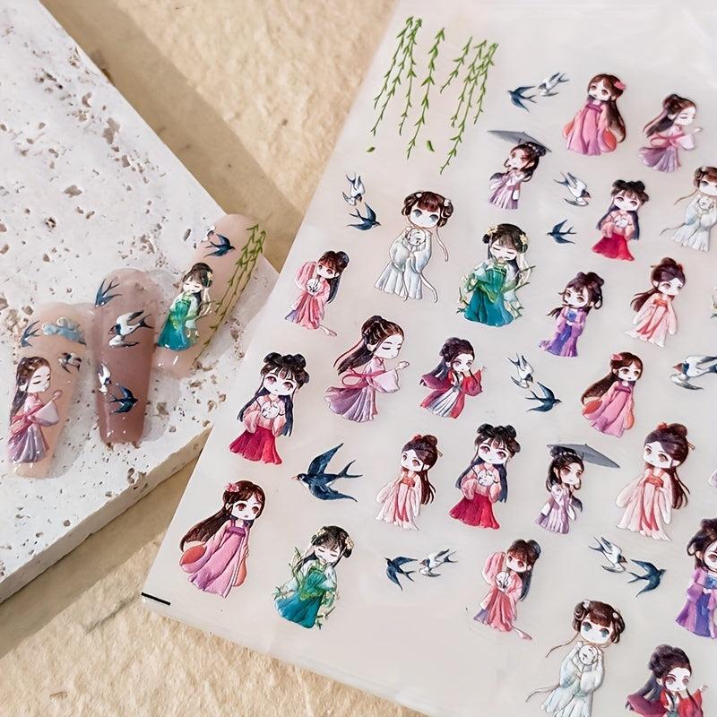 Chinese Style Building Nail Art Stickers Ancient Girls Birds Sticker