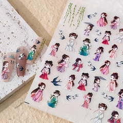 Chinese Style Building Nail Art Stickers Ancient Girls Birds Sticker