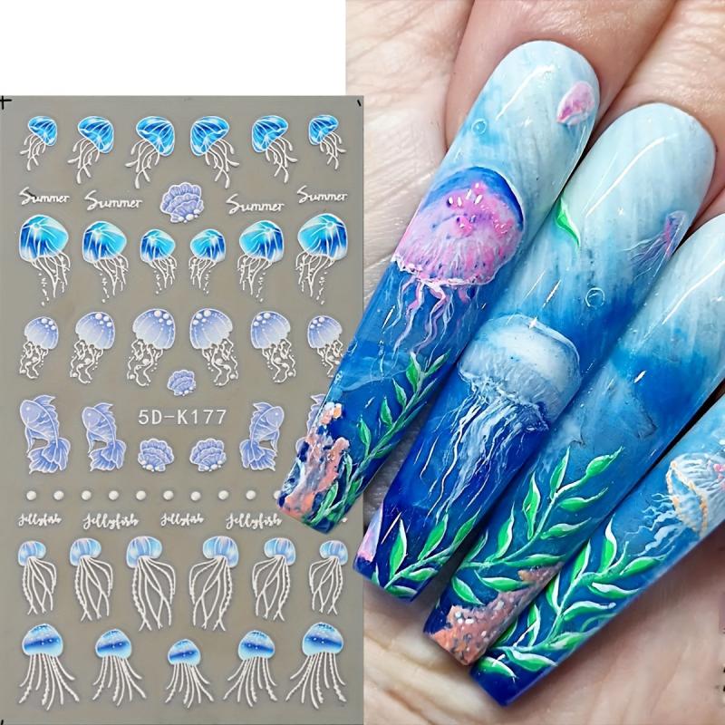 2 Pcs Marine Life Nail Art Stickers With Jellyfish And Starfish Nail Decals