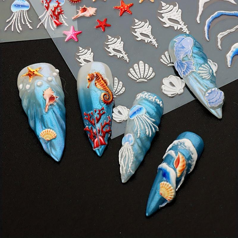 2 Pcs Marine Life Nail Art Stickers With Jellyfish And Starfish Nail Decals