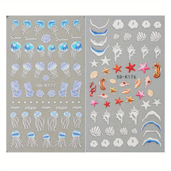 2 Pcs Marine Life Nail Art Stickers With Jellyfish And Starfish Nail Decals
