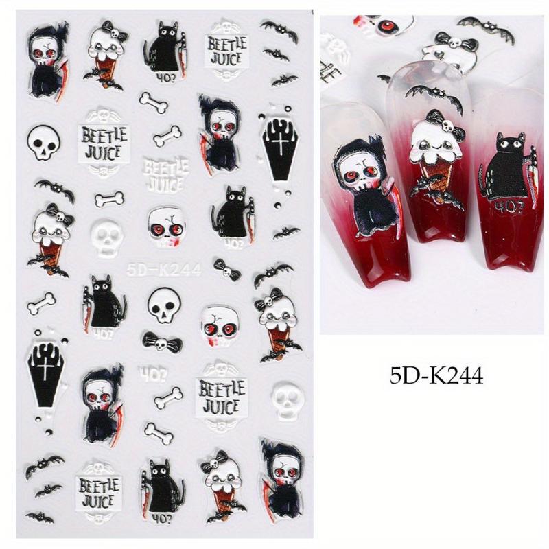 5D Embossed Halloween Cartoon Nail Art Stickers Pink Pumpkin Ghosts