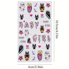 5D Embossed Halloween Cartoon Nail Art Stickers Pink Pumpkin Ghosts