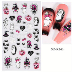 5D Embossed Halloween Cartoon Nail Art Stickers Pink Pumpkin Ghosts