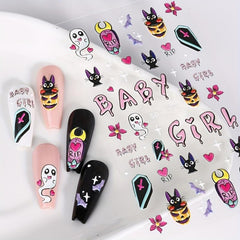 5D Embossed Halloween Cartoon Nail Art Stickers Pink Pumpkin Ghosts