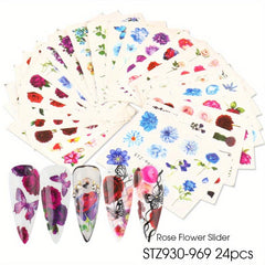 24 Sheets Summer Flower Nail Art Stickers Self Adhesive Decals
