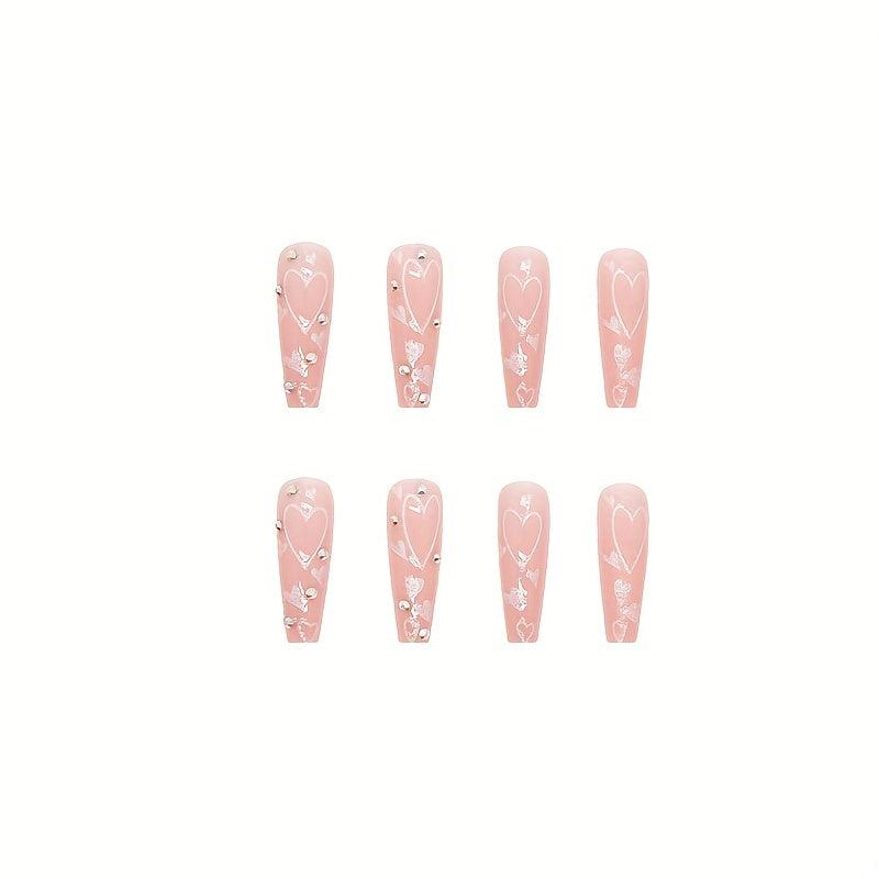 24 pcs Gradient Coffin Press On Nails with Love Designs and Rhinestones