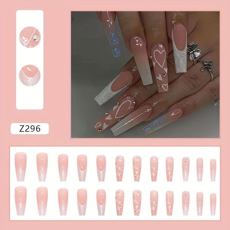 24 pcs Gradient Coffin Press On Nails with Love Designs and Rhinestones