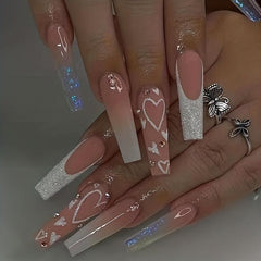 24 pcs Gradient Coffin Press On Nails with Love Designs and Rhinestones