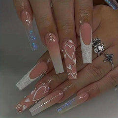 24 pcs Gradient Coffin Press On Nails with Love Designs and Rhinestones