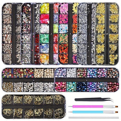 13pcs Nail Rhinestones Studs Crystals Gems Sequins Kit with Tweezers and 3 Pens