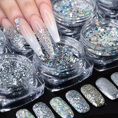 8 Boxes Holographic Nail Powder Nail Art Sequins Set Silver Nail Glitter Powder