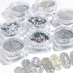 8 Boxes Holographic Nail Powder Nail Art Sequins Set Silver Nail Glitter Powder