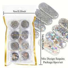 8 Boxes Holographic Nail Powder Nail Art Sequins Set Silver Nail Glitter Powder