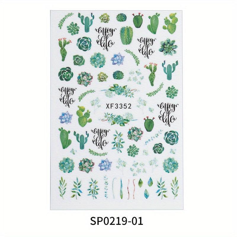 Nail Stickers Lucky Four Leaf Clover Cactus Flower Self Adhesive