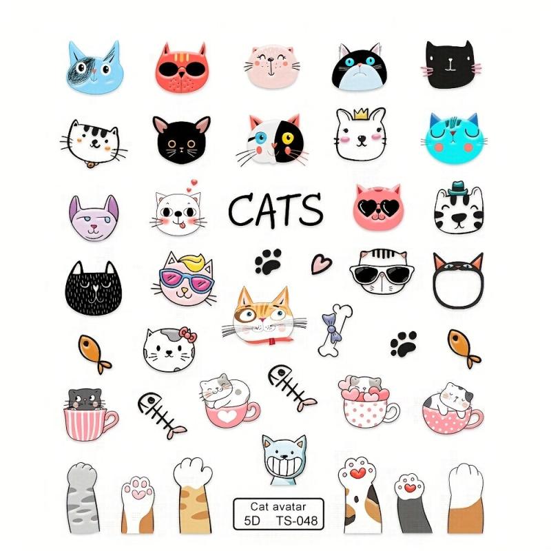 Cat Nail Art Sticker Transfer Sliders Adhesive Paw Decals DIY