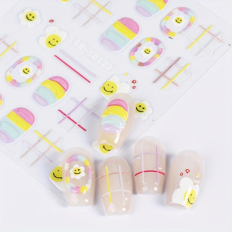 3pcs 5D Embossed Nail Art Stickers Sugar Bean Little Man Rainbow Egg Flowers