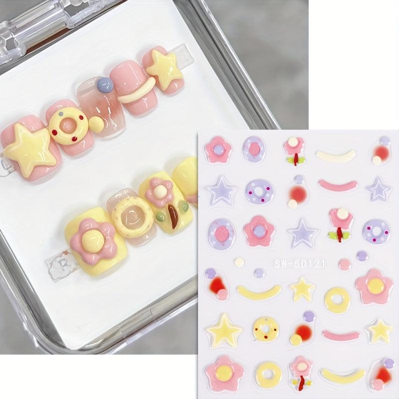3pcs 5D Embossed Nail Art Stickers Sugar Bean Little Man Rainbow Egg Flowers