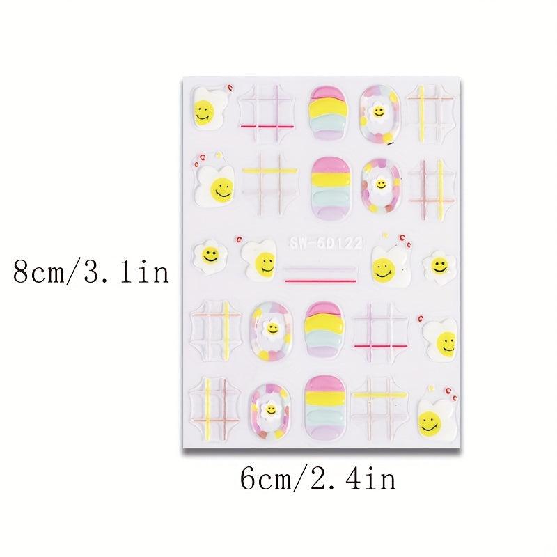 3pcs 5D Embossed Nail Art Stickers Sugar Bean Little Man Rainbow Egg Flowers