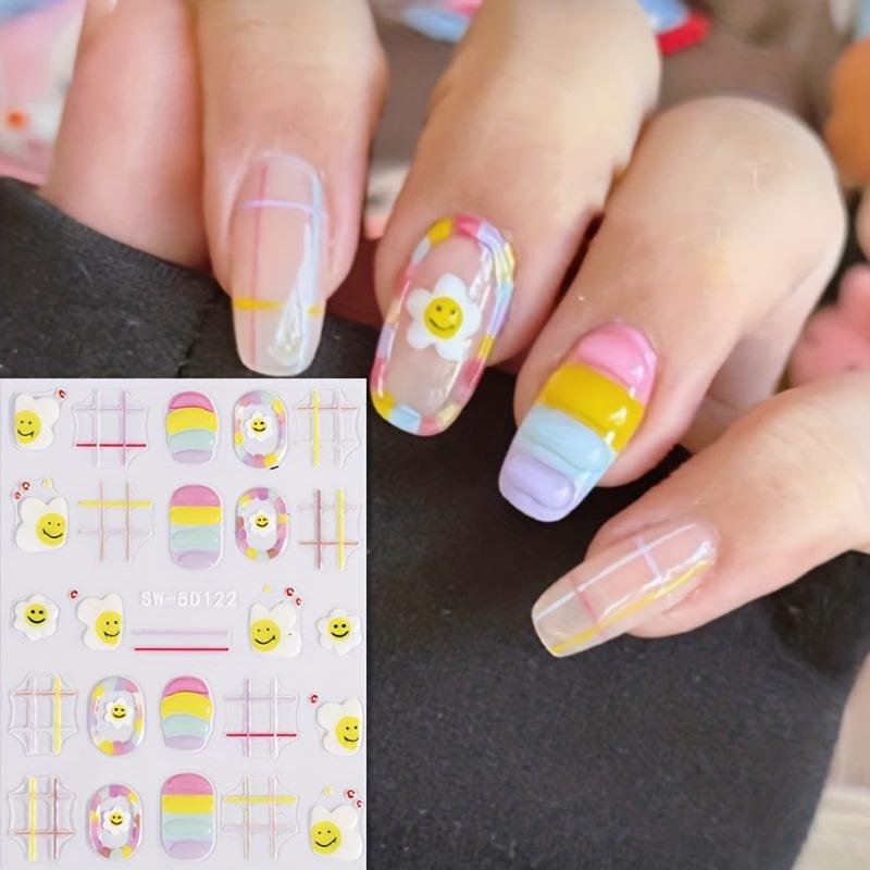 3pcs 5D Embossed Nail Art Stickers Sugar Bean Little Man Rainbow Egg Flowers