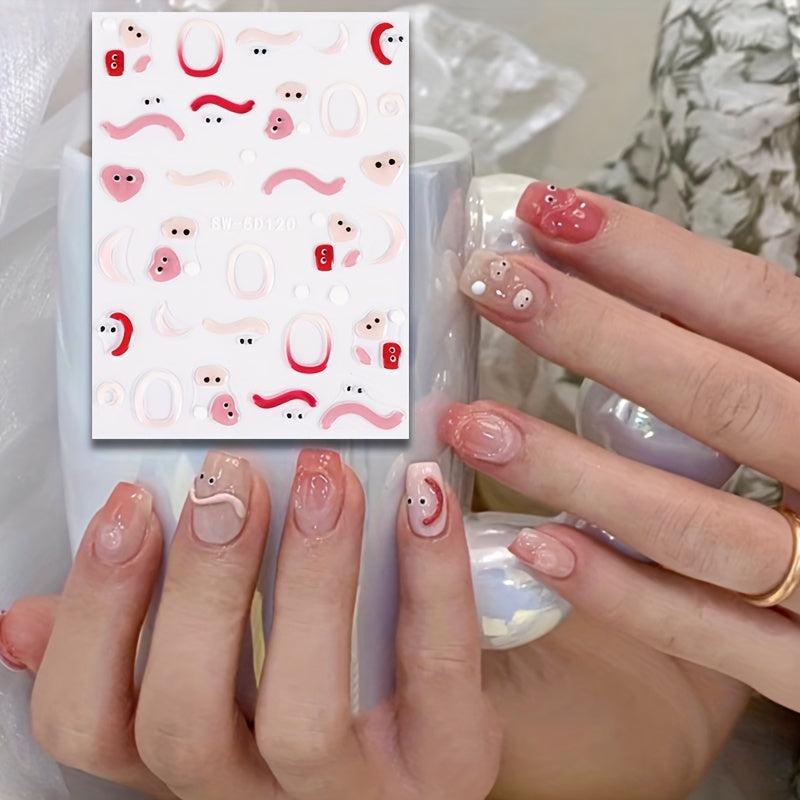 3pcs 5D Embossed Nail Art Stickers Sugar Bean Little Man Rainbow Egg Flowers