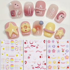 3pcs 5D Embossed Nail Art Stickers Sugar Bean Little Man Rainbow Egg Flowers