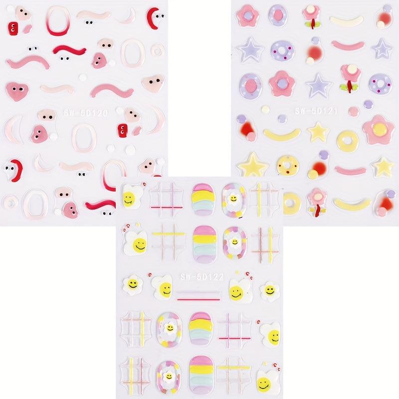 3pcs 5D Embossed Nail Art Stickers Sugar Bean Little Man Rainbow Egg Flowers