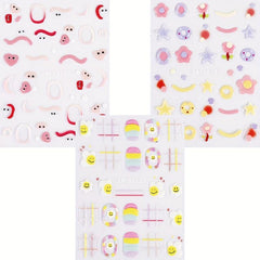 3pcs 5D Embossed Nail Art Stickers Sugar Bean Little Man Rainbow Egg Flowers