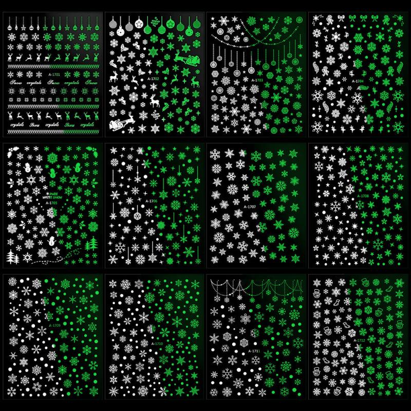12pcs Christmas Nail Sticker 3D Laser Snowflake Elk Pattern Nail Art Decals