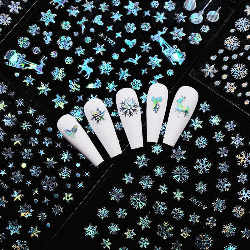 12pcs Christmas Nail Sticker 3D Laser Snowflake Elk Pattern Nail Art Decals