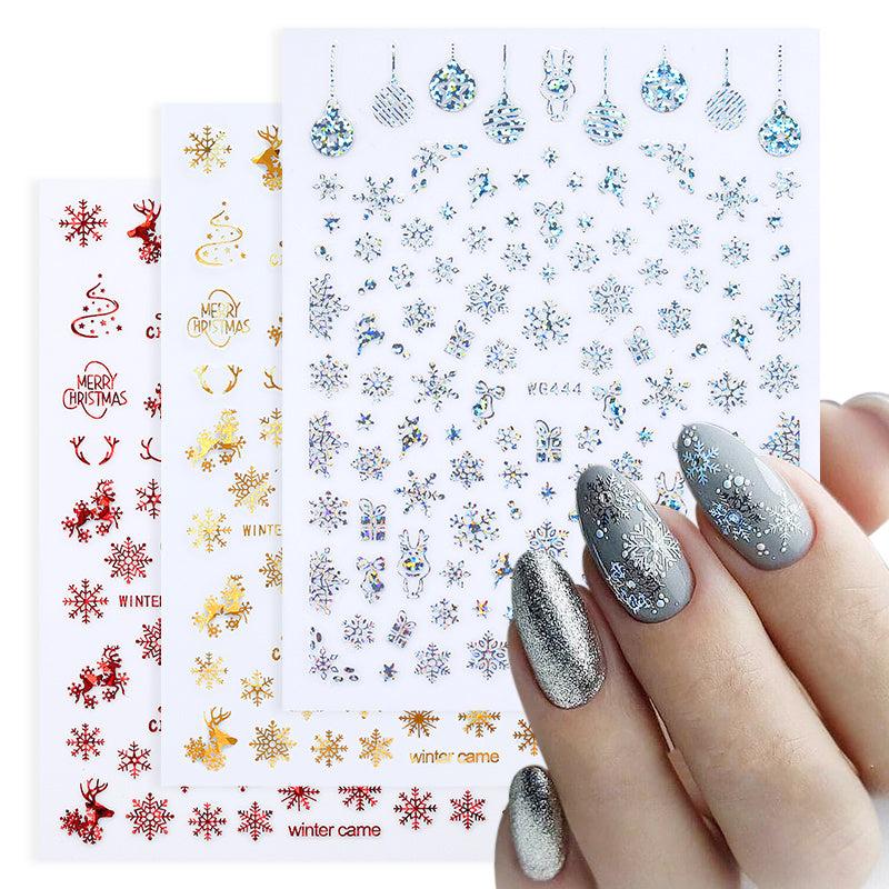 12pcs Christmas Nail Sticker 3D Laser Snowflake Elk Pattern Nail Art Decals
