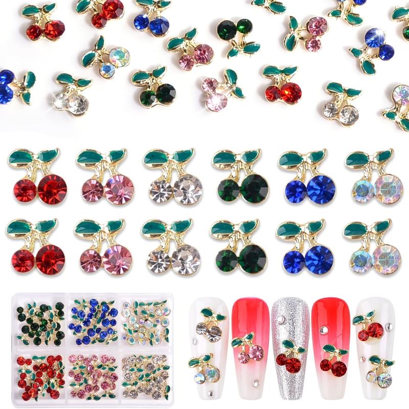 Cherry Nail Charms Crystal Studs Alloy Gems for Women DIY Nail Art