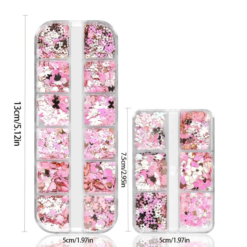 Holographic Nail Glitter Flakes Sticker - Pink Butterfly Blossom Heart Flower