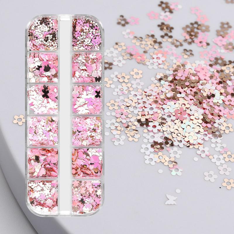 Holographic Nail Glitter Flakes Sticker - Pink Butterfly Blossom Heart Flower