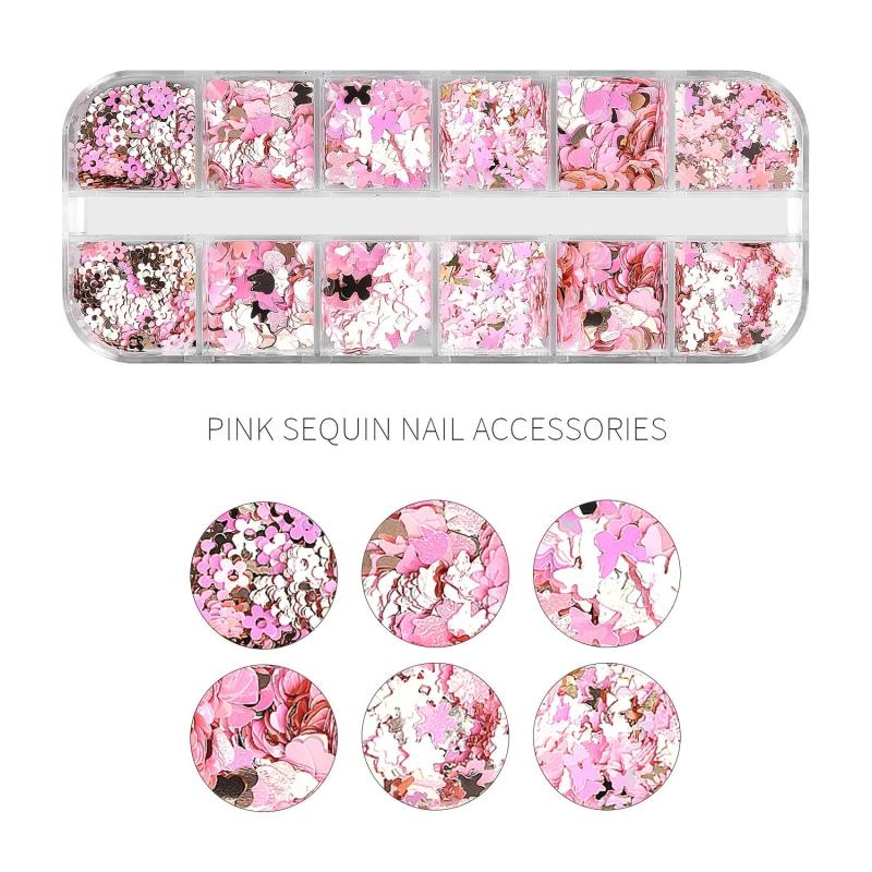 Holographic Nail Glitter Flakes Sticker - Pink Butterfly Blossom Heart Flower