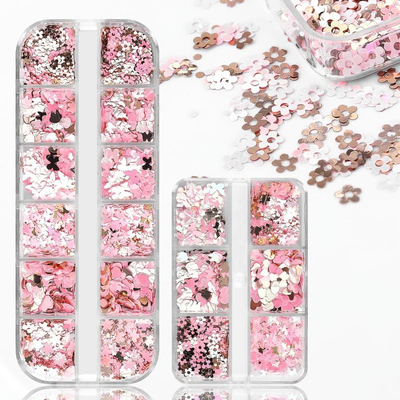 Holographic Nail Glitter Flakes Sticker - Pink Butterfly Blossom Heart Flower
