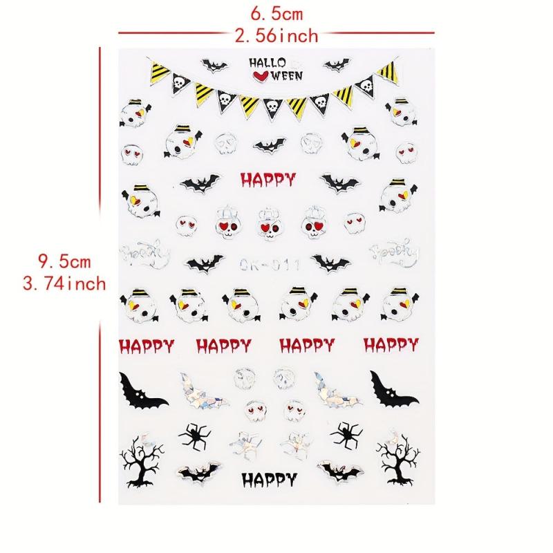 8pcs Halloween Nail Art Stickers - Ghost Pumpkin Witch Spider Cat Bat Designs
