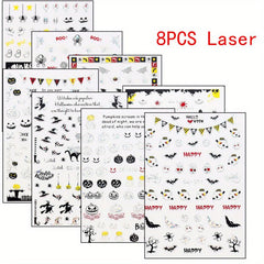8pcs Halloween Nail Art Stickers - Ghost Pumpkin Witch Spider Cat Bat Designs