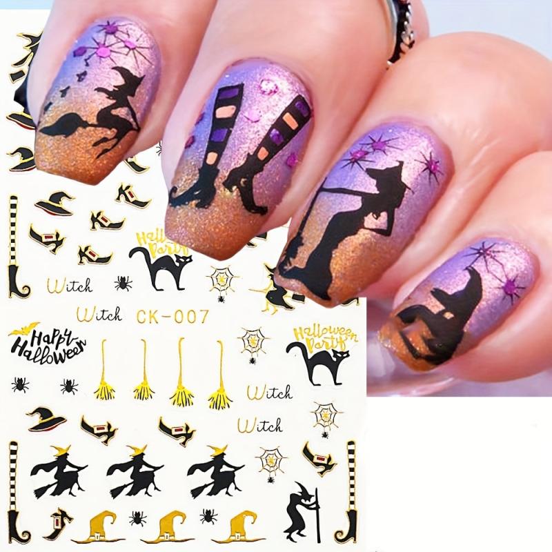 8pcs Halloween Nail Art Stickers - Ghost Pumpkin Witch Spider Cat Bat Designs
