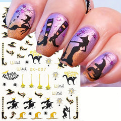 8pcs Halloween Nail Art Stickers - Ghost Pumpkin Witch Spider Cat Bat Designs